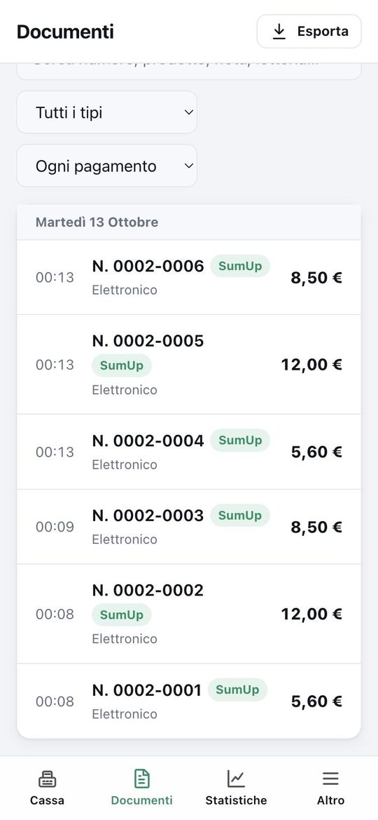 Scontrini fatti da soli dagli incassi SumUp